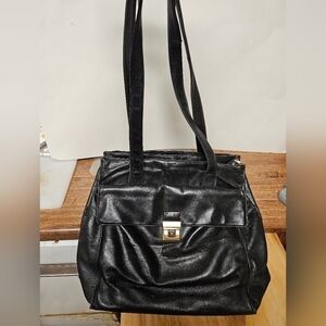 Perlina New York Black Leather Shoulder Tote Bag